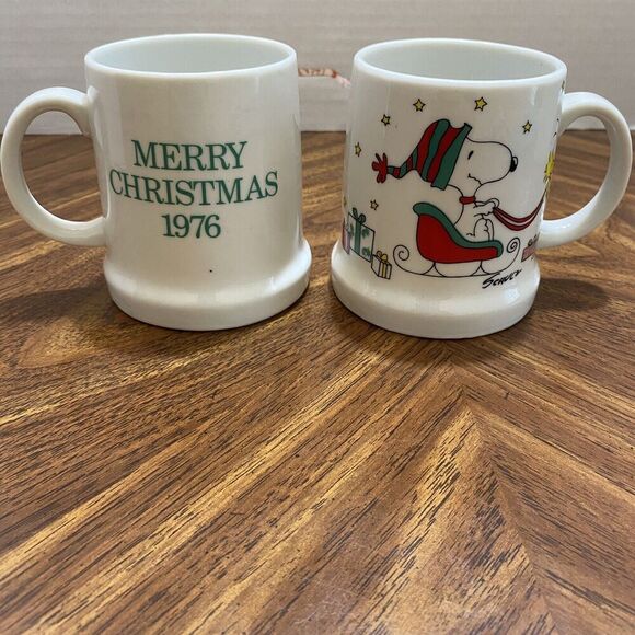 Peanuts Coffee Other - Snoopy Beagle Dog Peanuts Coffee Mug Sleigh Merry Christmas 1976 Woodstock Lot 2